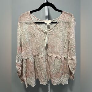 Style & Co Pink Cream Gray Paisley Print Lace Boho Peasant Long Sleeve Blouse XL